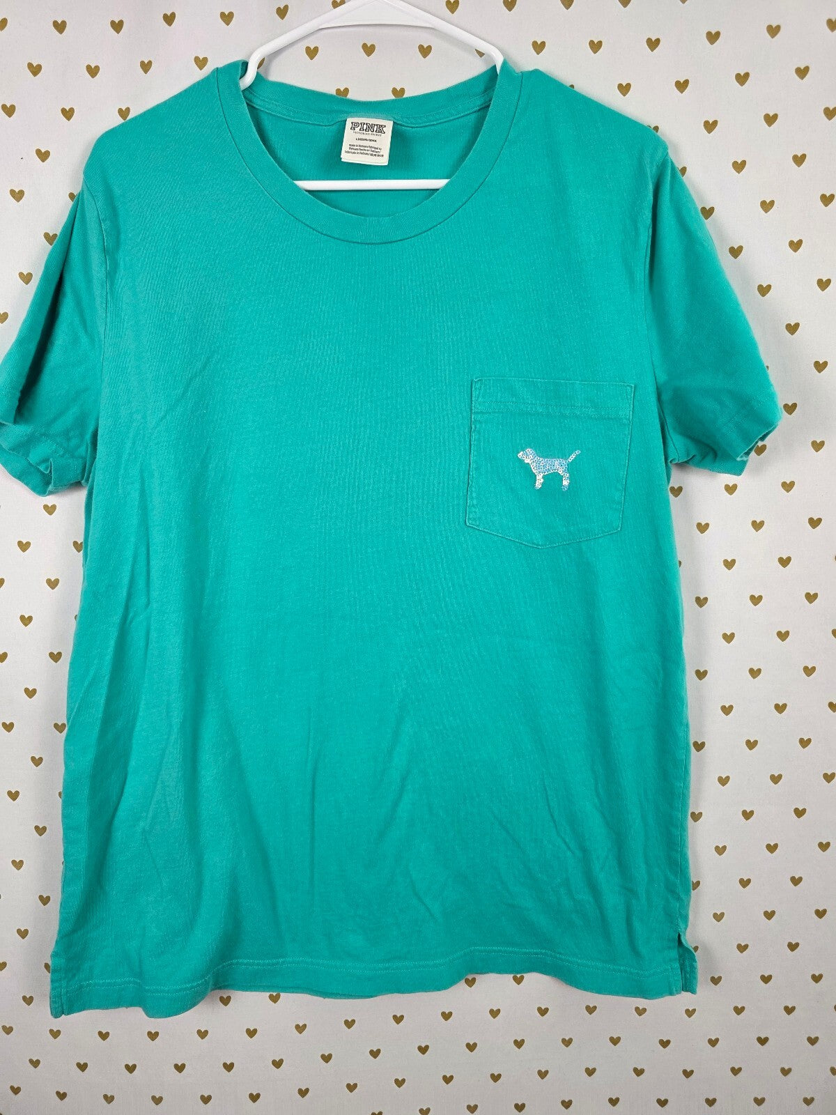 Victorias Secret PINK teal Mermaid Bling Tee shirt 86 Pocket Short Sleeve Large