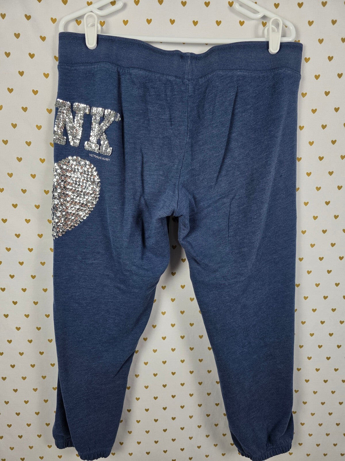 Victorias Secret PINK BLING vintage Sequin Heart Blue Joggers Sweats sweatpants