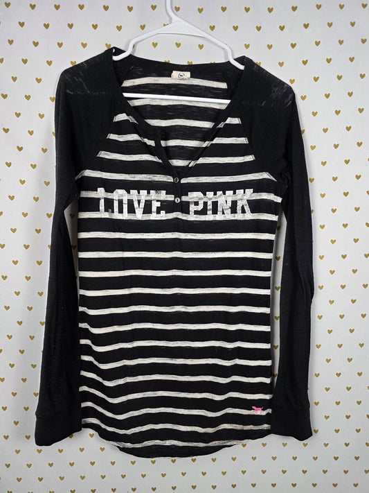 Victorias Secret PINK LOVE Striped Long Sleeve HENLEY Shirt Sheer LARGE