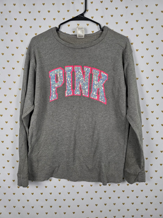 Victorias Secret Pink Grey BLING Neon Lined Sequin Logo Sweater Crew XS Oversize