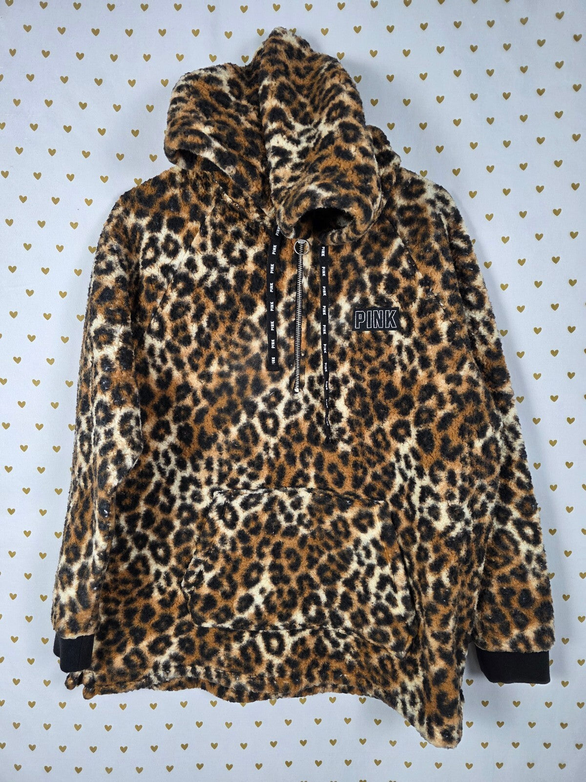 Victorias Secret Pink Sherpa Fluffy Warm Leopard Cheetah Quarter Zip Hoodie