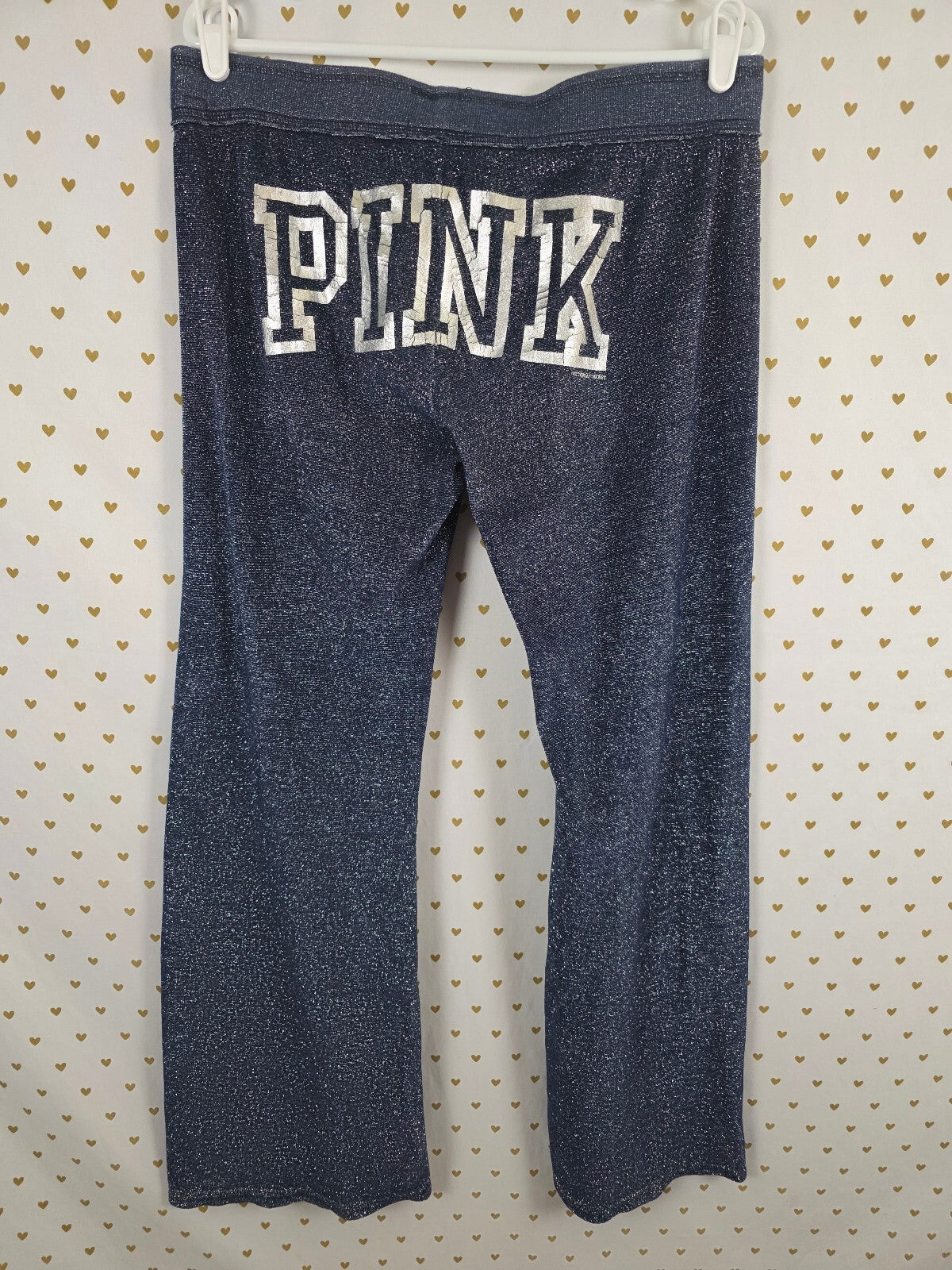 Vintage Victoria's Secret PINK Glitter Sequin Heart Flare Yoga Pants M