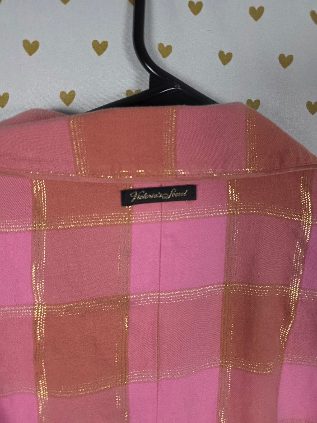 Victoria's Secret Pink Gold Plaid Comfy Romper S Metallic Lurex Pajamas