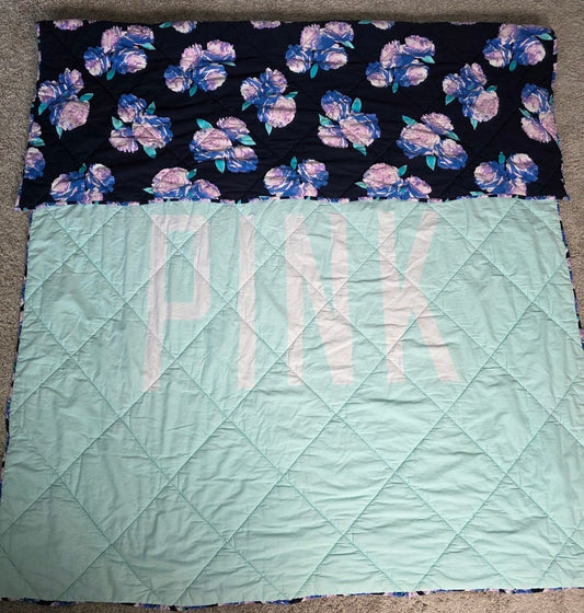 Victoria's Secret PINK Twin Reversible Quilt Navy Floral Mint Logo RARE HTF