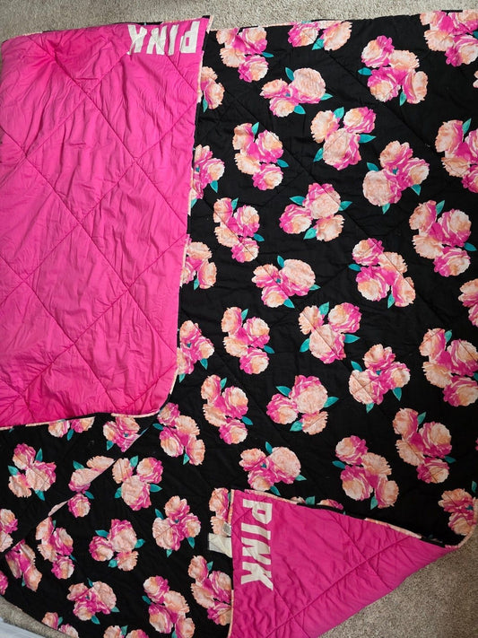Victoria's Secret PINK King Quilt Comforter Black Pink Floral Reversible RARE