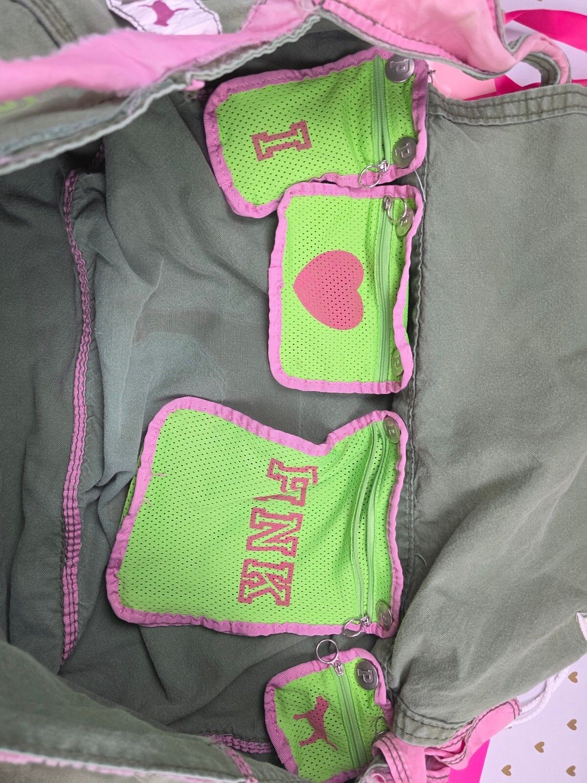 Vintage Victoria's Secret PINK Royalty Messenger Bag Green Organizer Pouches HTF