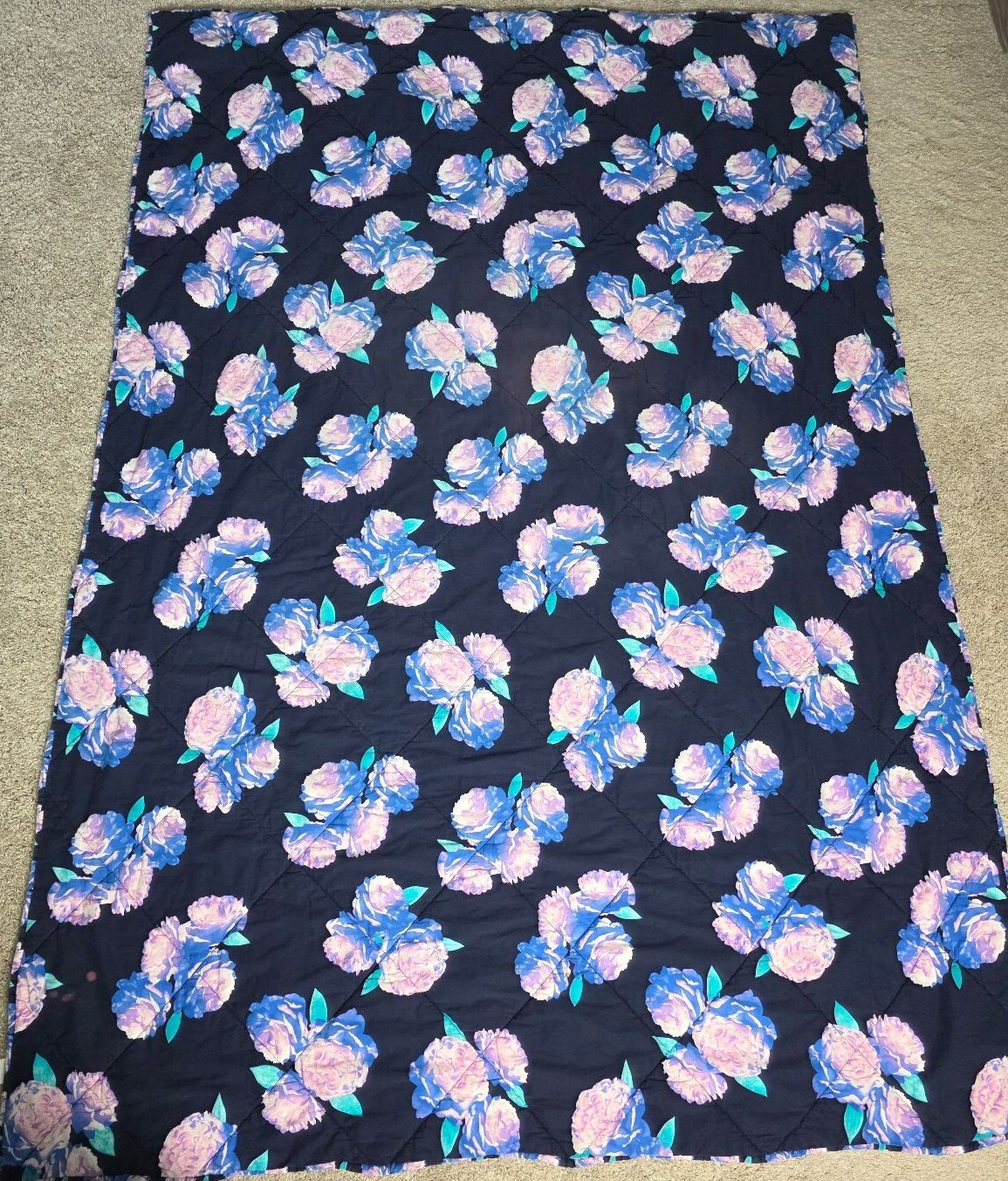 Victoria's Secret PINK Twin Reversible Quilt Navy Floral Mint Logo RARE HTF