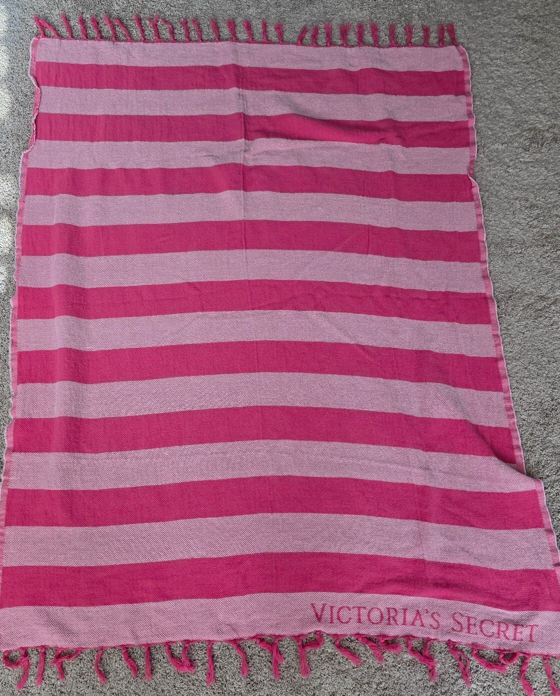 Victoria's Secret Pink Striped Fringe Beach Blanket Towel Throw 100% Cotton