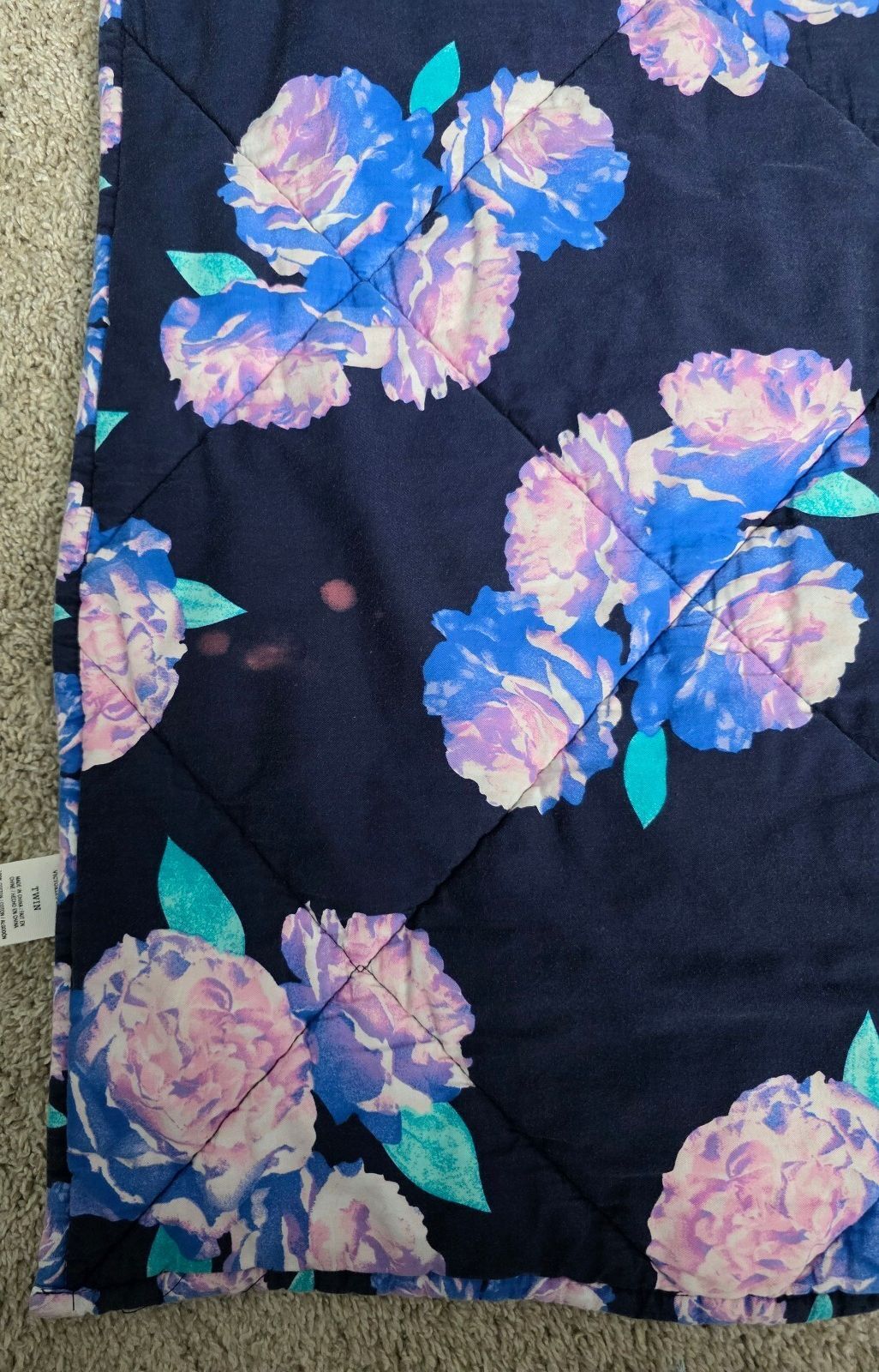 Victoria's Secret PINK Twin Reversible Quilt Navy Floral Mint Logo RARE HTF