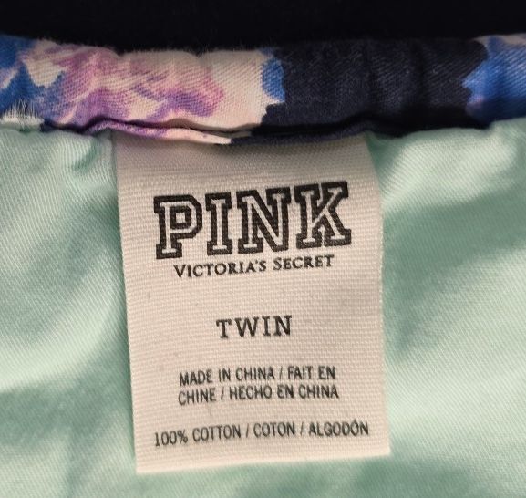 Victoria's Secret PINK Twin Reversible Quilt Navy Floral Mint Logo RARE HTF